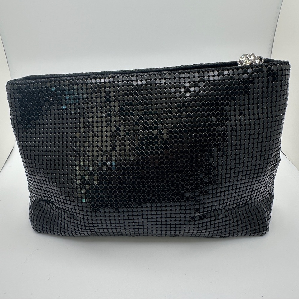 Vintage Neiman Marcus Black Mesh Shiny Chainmail Clutch Purse Rhinestone zipper